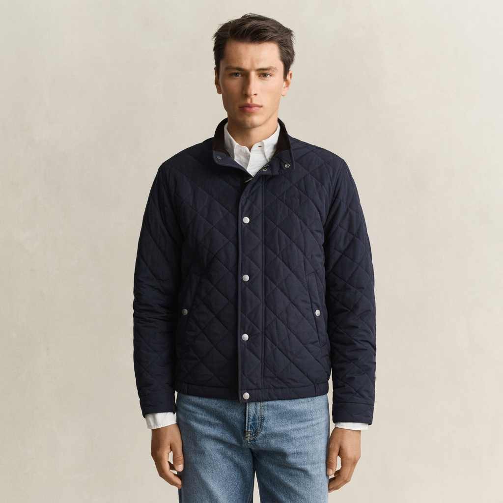 Front View of Model in GANT Quilted Jacket in Evening Blue