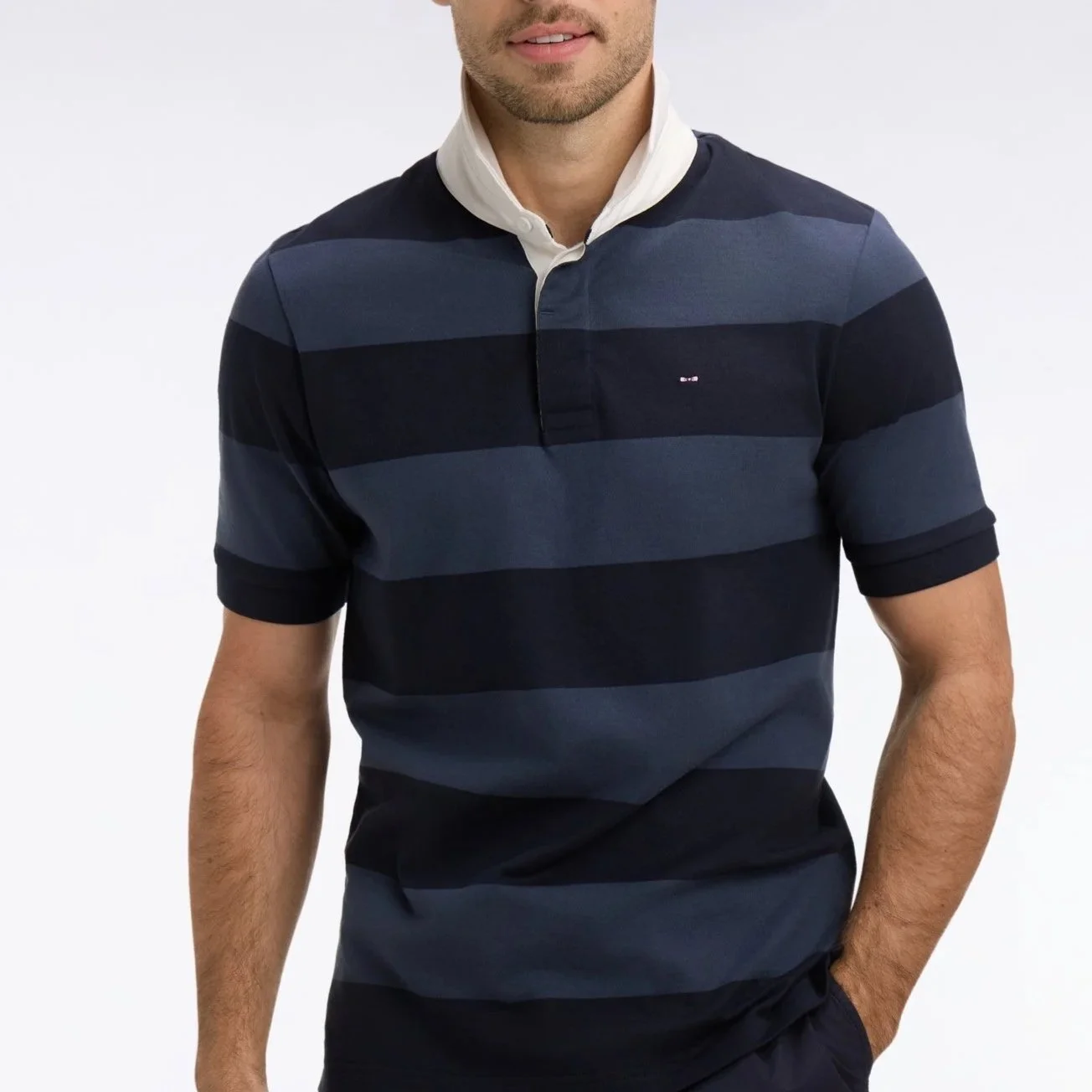 Model View of Eden Park Short Sleeve Rugby Shirt in Navy and Blue