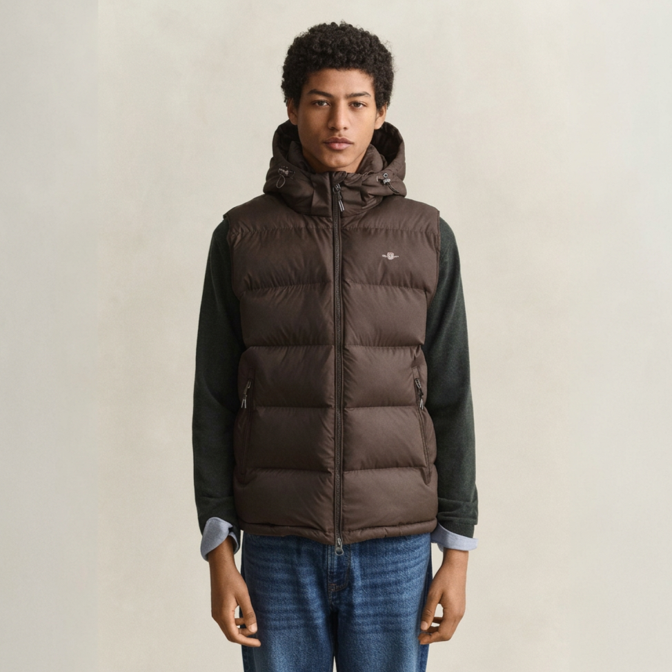 Front View of Model in GANT Active Cloud Gilet in Black Brown