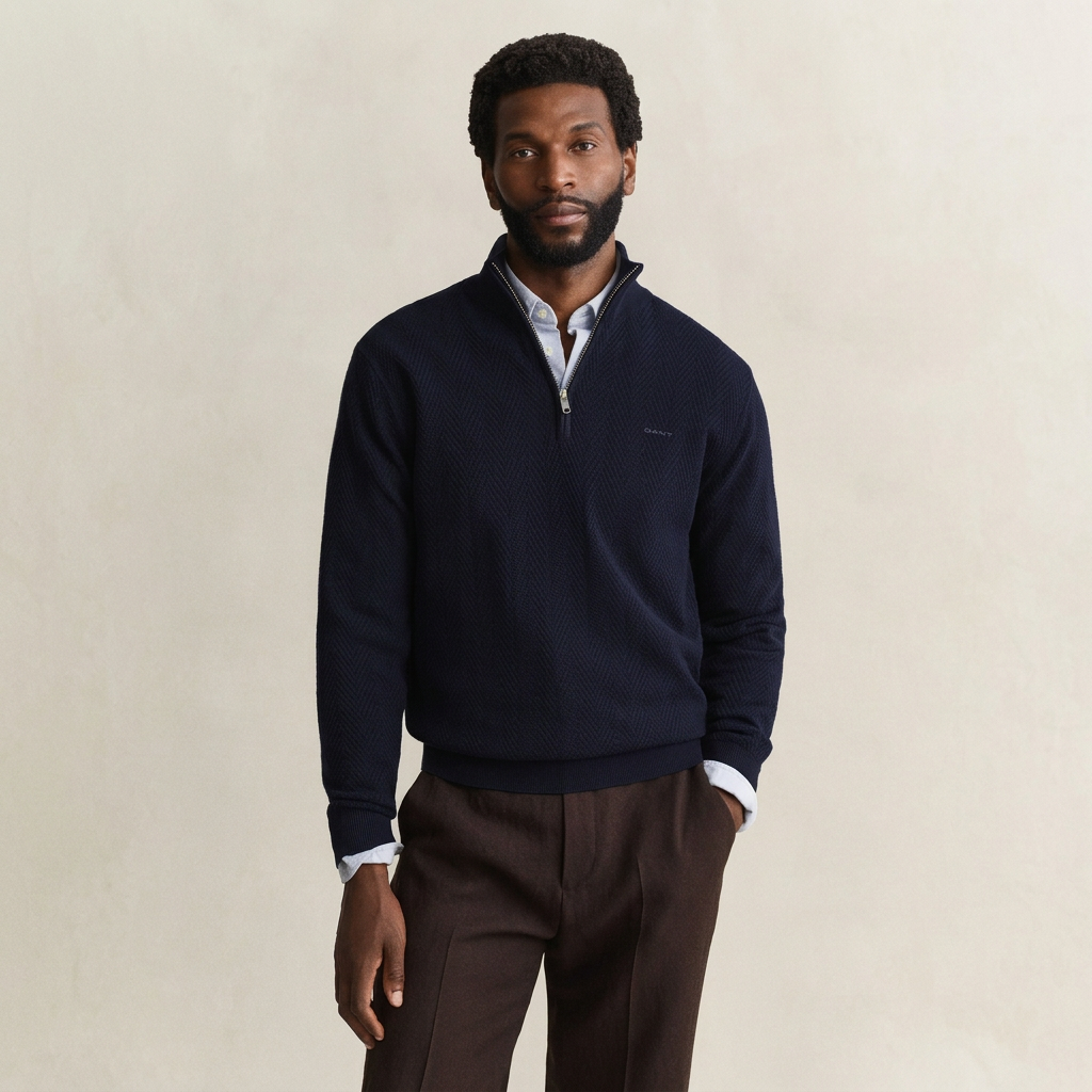 Front View of Model in GANT Herringbone Texture Half Zip in Evening Blue