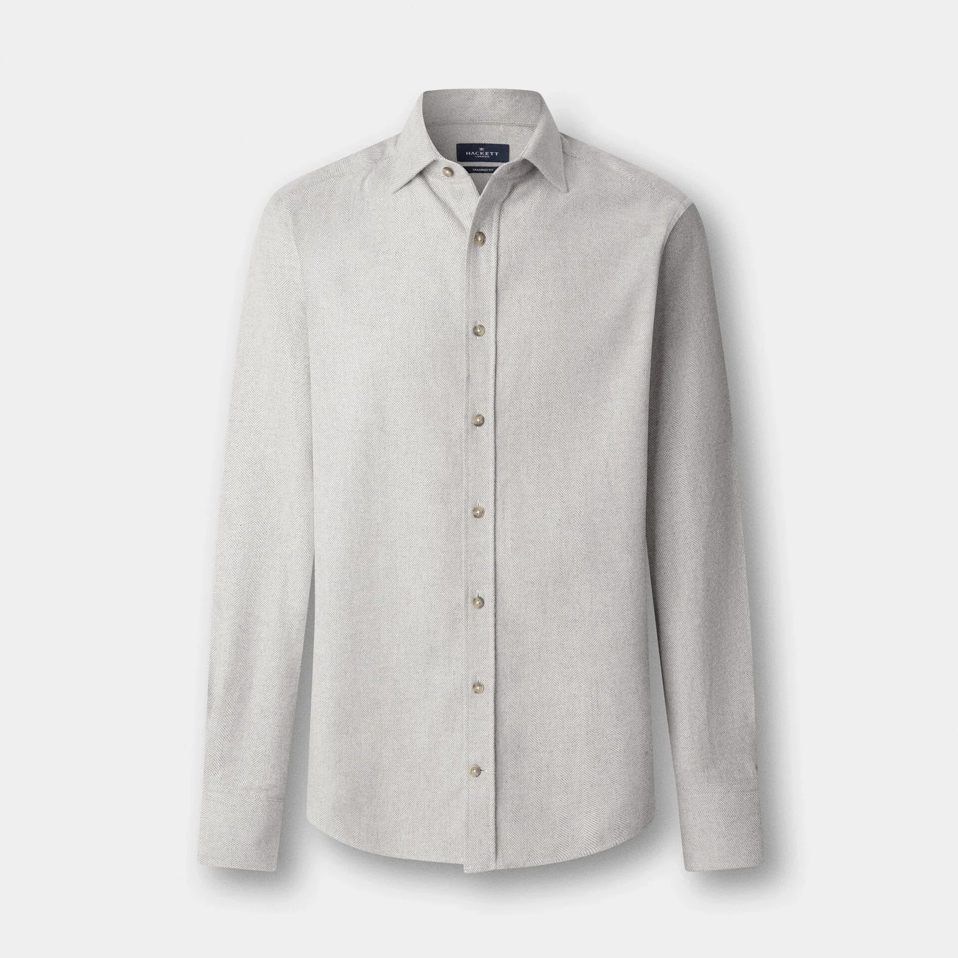 Flat View of Hackett Slim Fit Tonal Herringbone Flannel Shirt in Sand