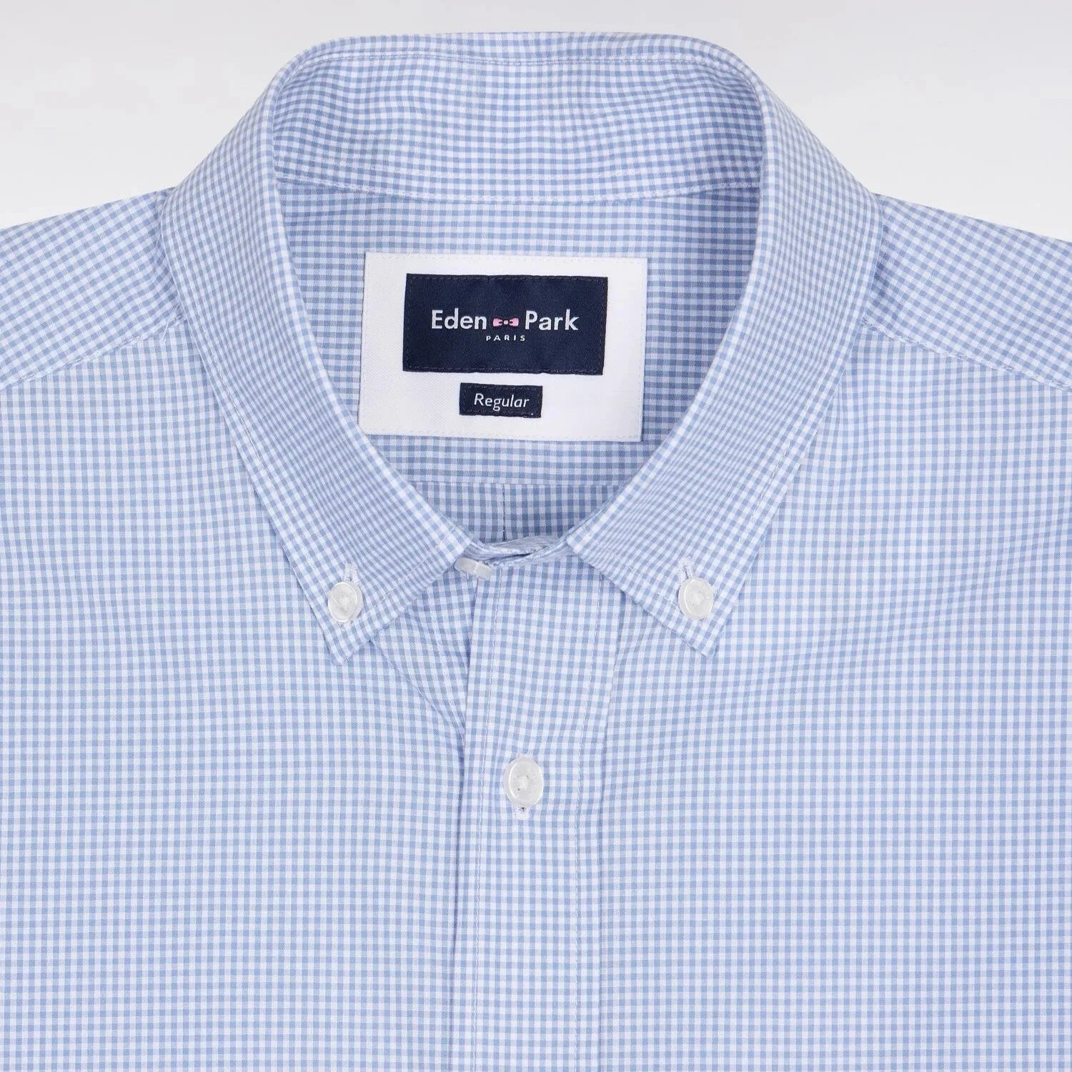 Close View of Eden Park Check Poplin Short Sleeve Shirt in Blue