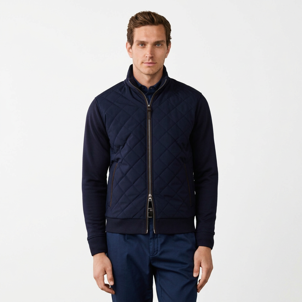 Front View of Model in Hackett Full Zip Hybrid Jacket in Navy