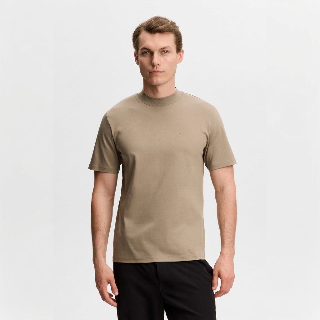 Front View of Model in J Lindeberg Ace High Neck T Shirt in Sand
