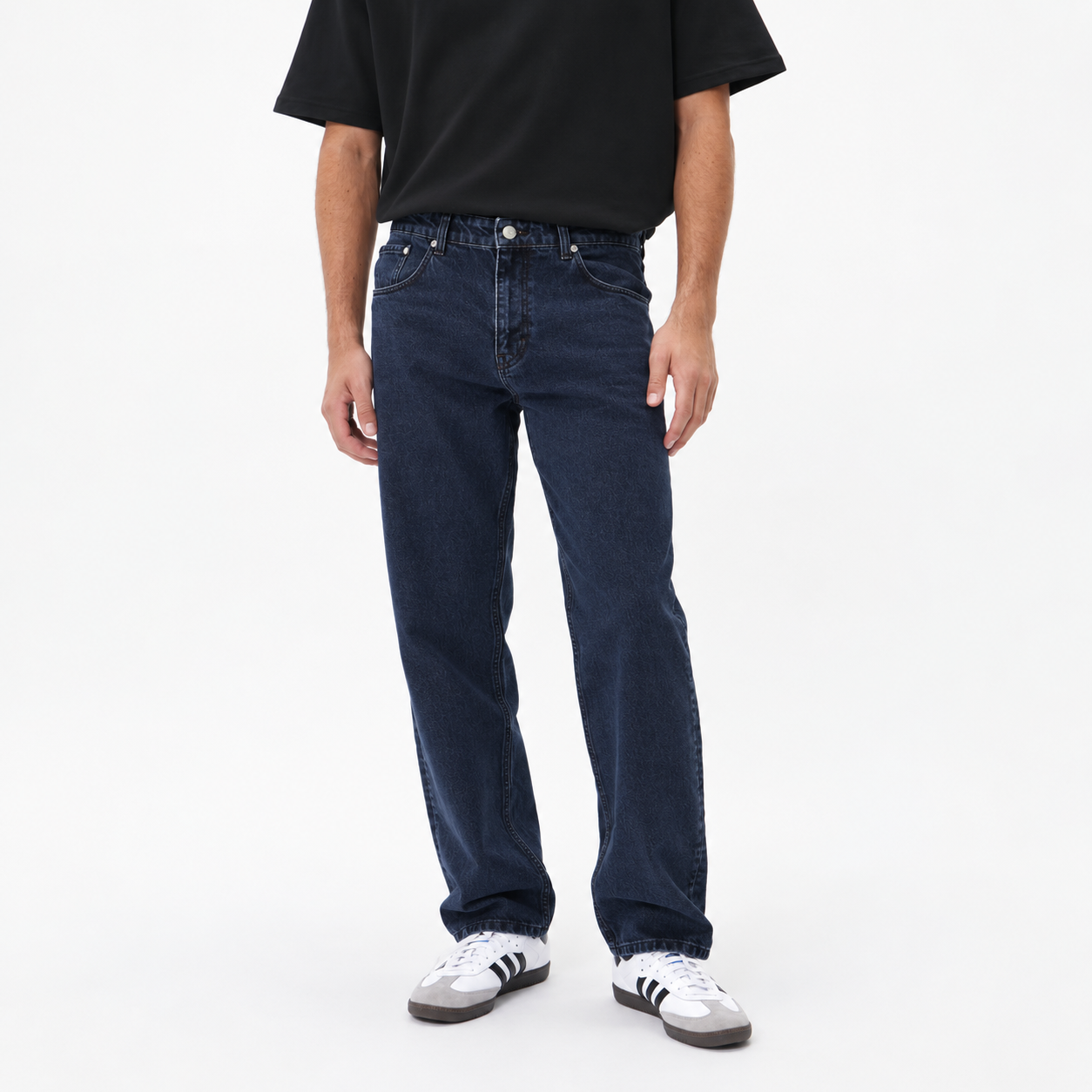 Front View of Model in Matinique Loose Fit Cotton Jeans in Dark Denim