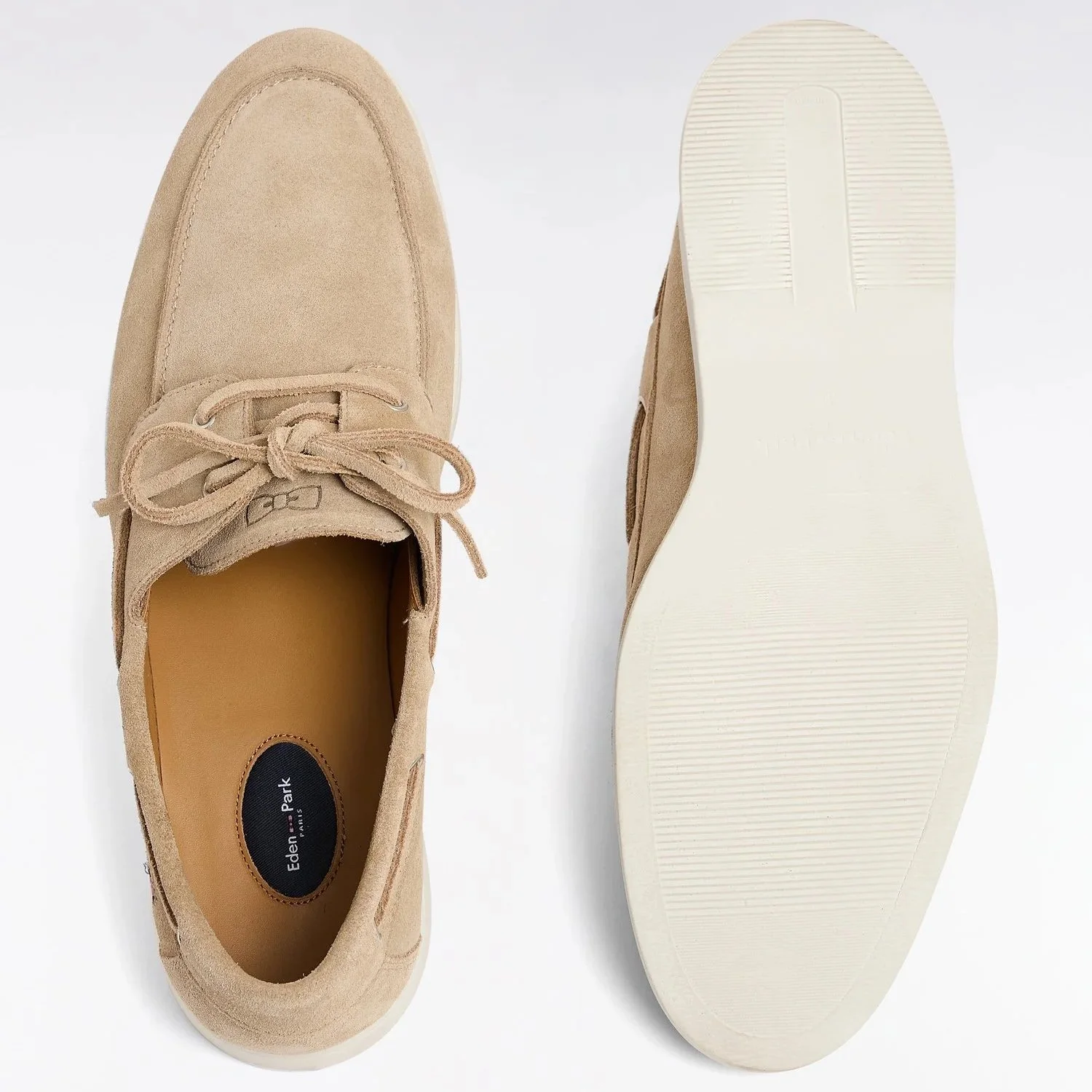 Top and Bottom View of Eden Park Suede Boat Shoe in Sand