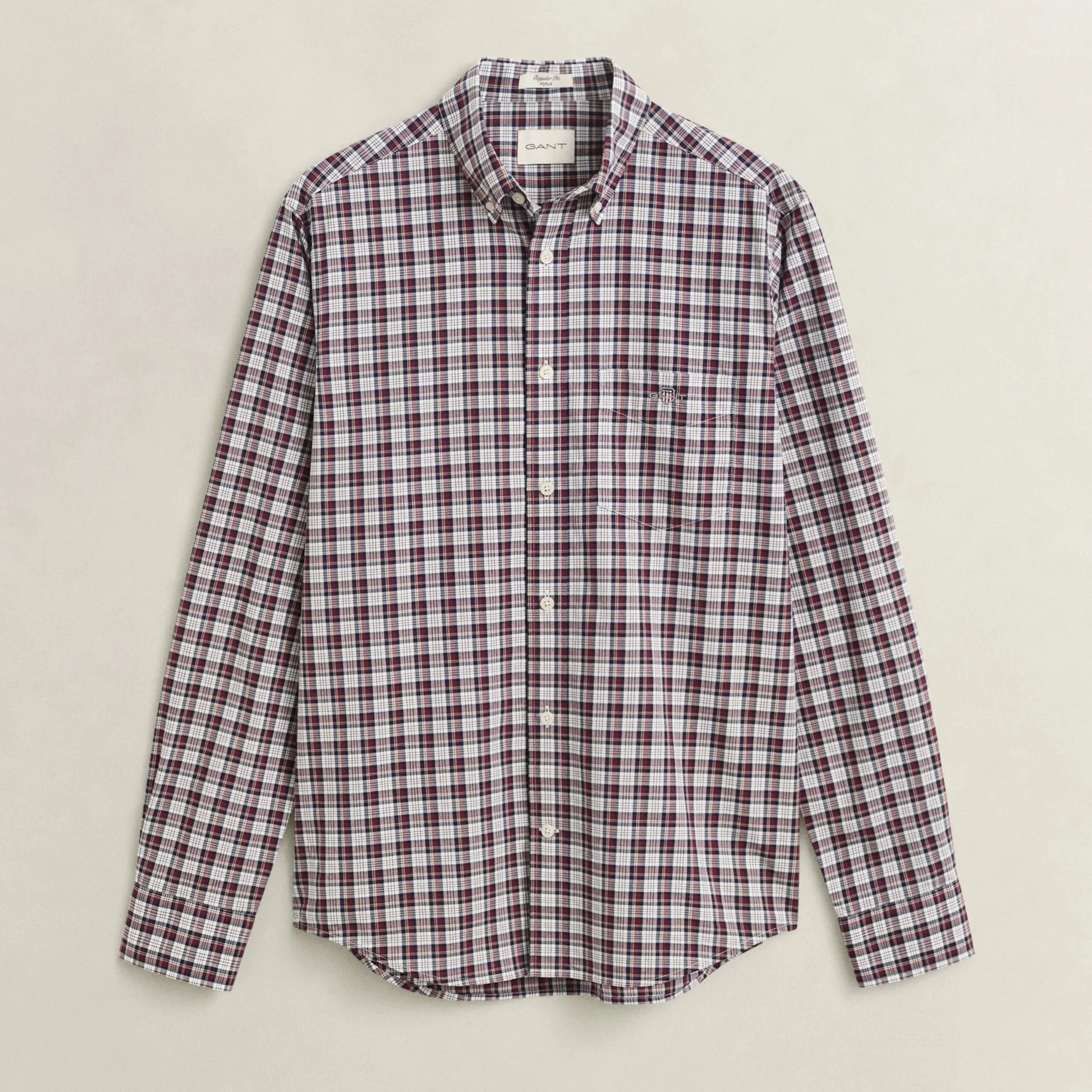 Flat View of GANT Regular Fit Poplin Check Shirt in Deep Grape Wine and White