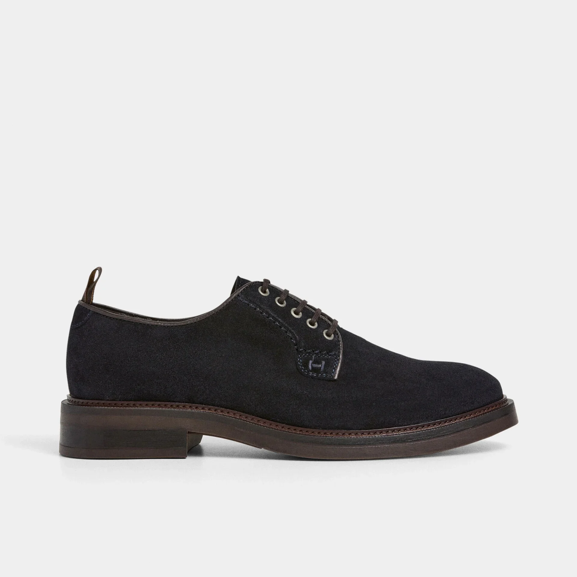 Side View of Hackett Suede Derby Shoe in Navy