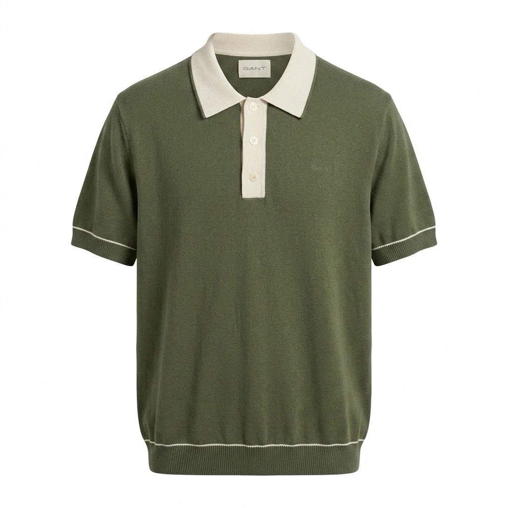 Flat View of GANT Cotton and Modal Knitted Polo Shirt in Green