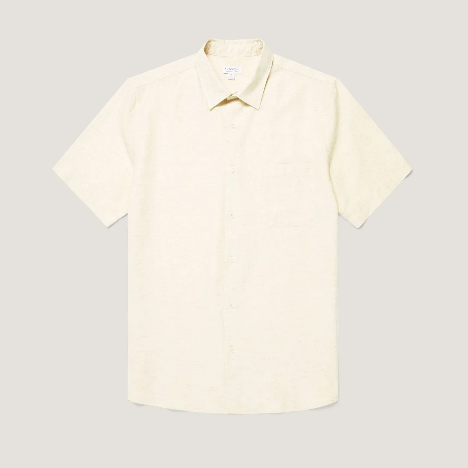 Flat View of Sunspel Luxury Cotton and Linen Short Sleeve Shirt in Sand