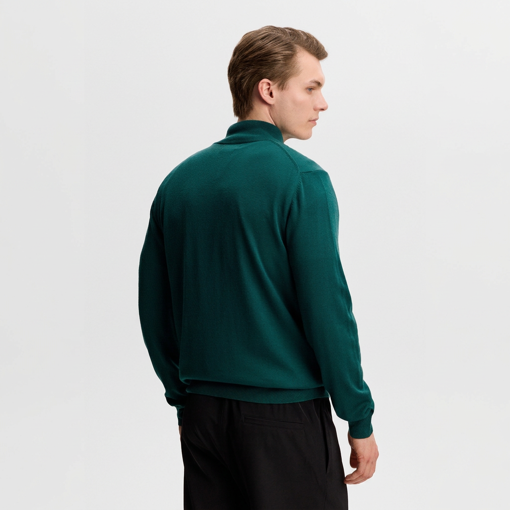Back View of Model in J Lindeberg Kiyan Merino Wool Half-Zip Jumper in Forest Green
