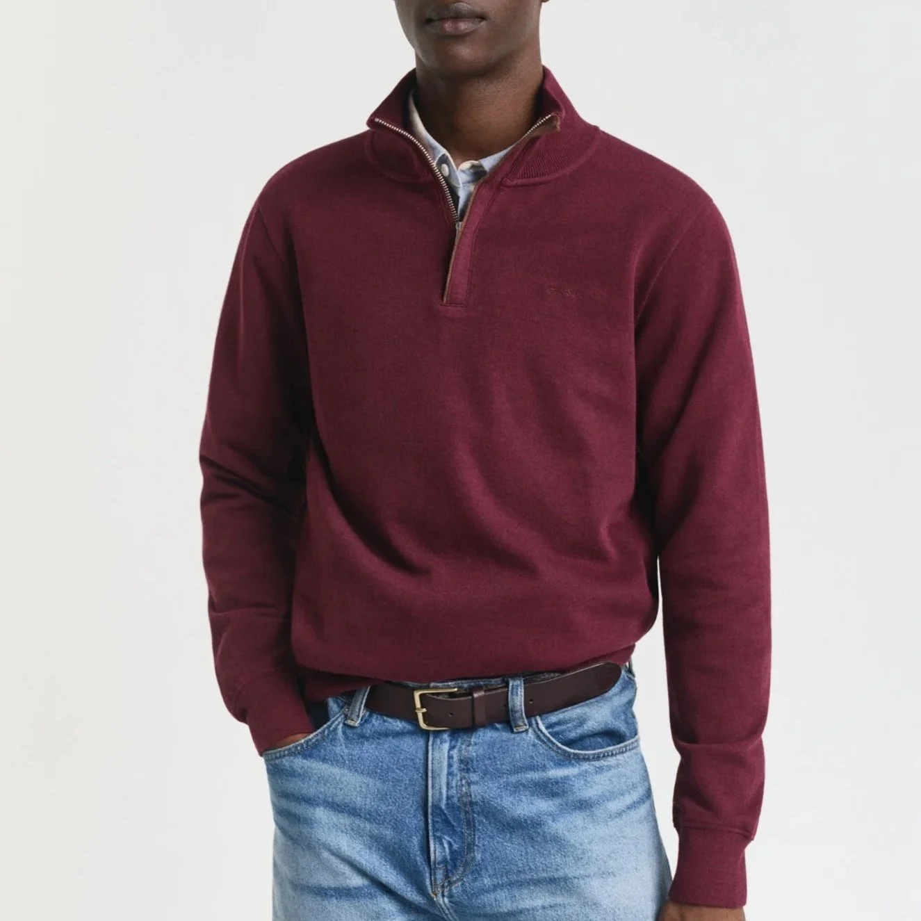 Model View of GANT Sacker Rib Half Zip Jumper in Burgundy