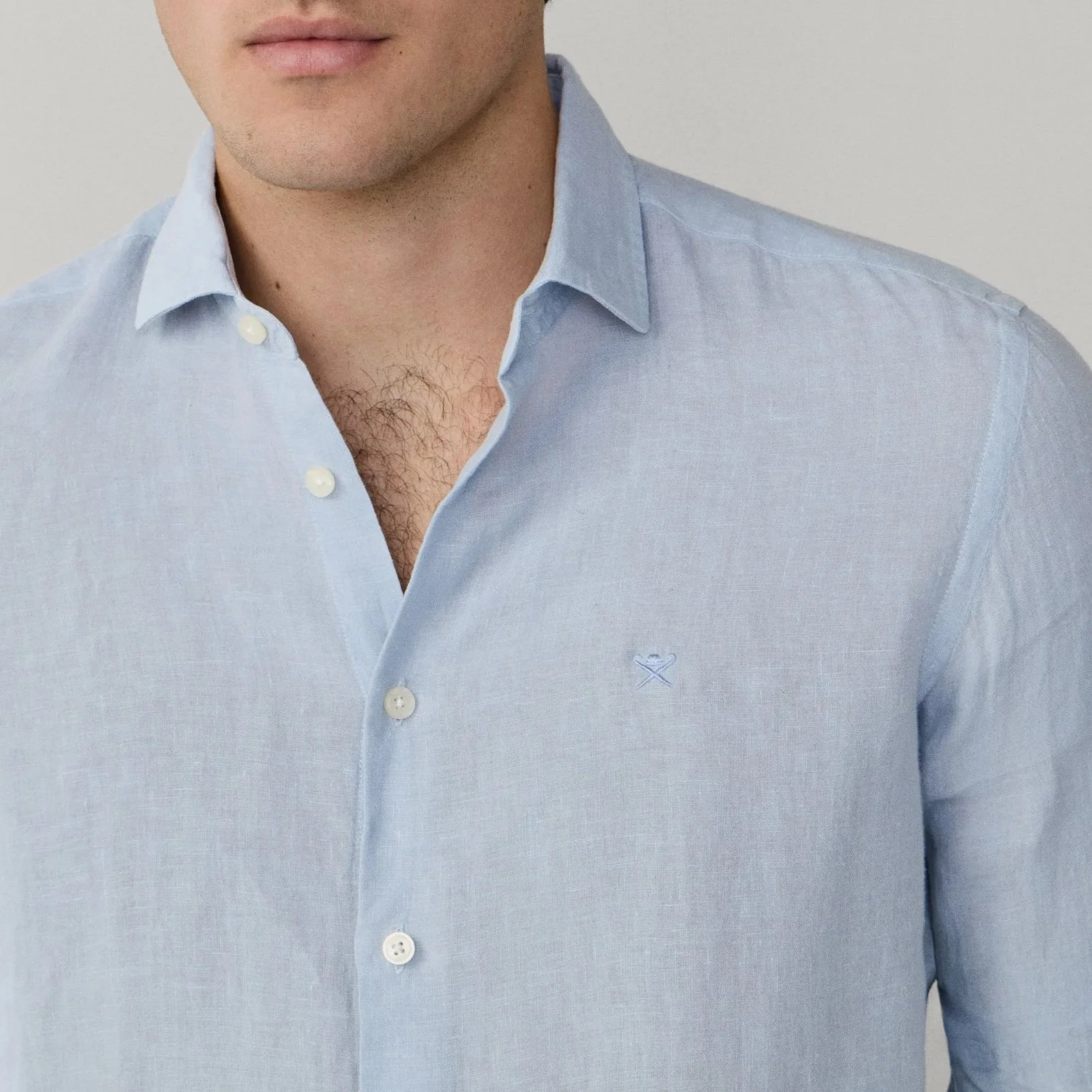 Close View of Hackett Slim Fit Linen Shirt in Blue