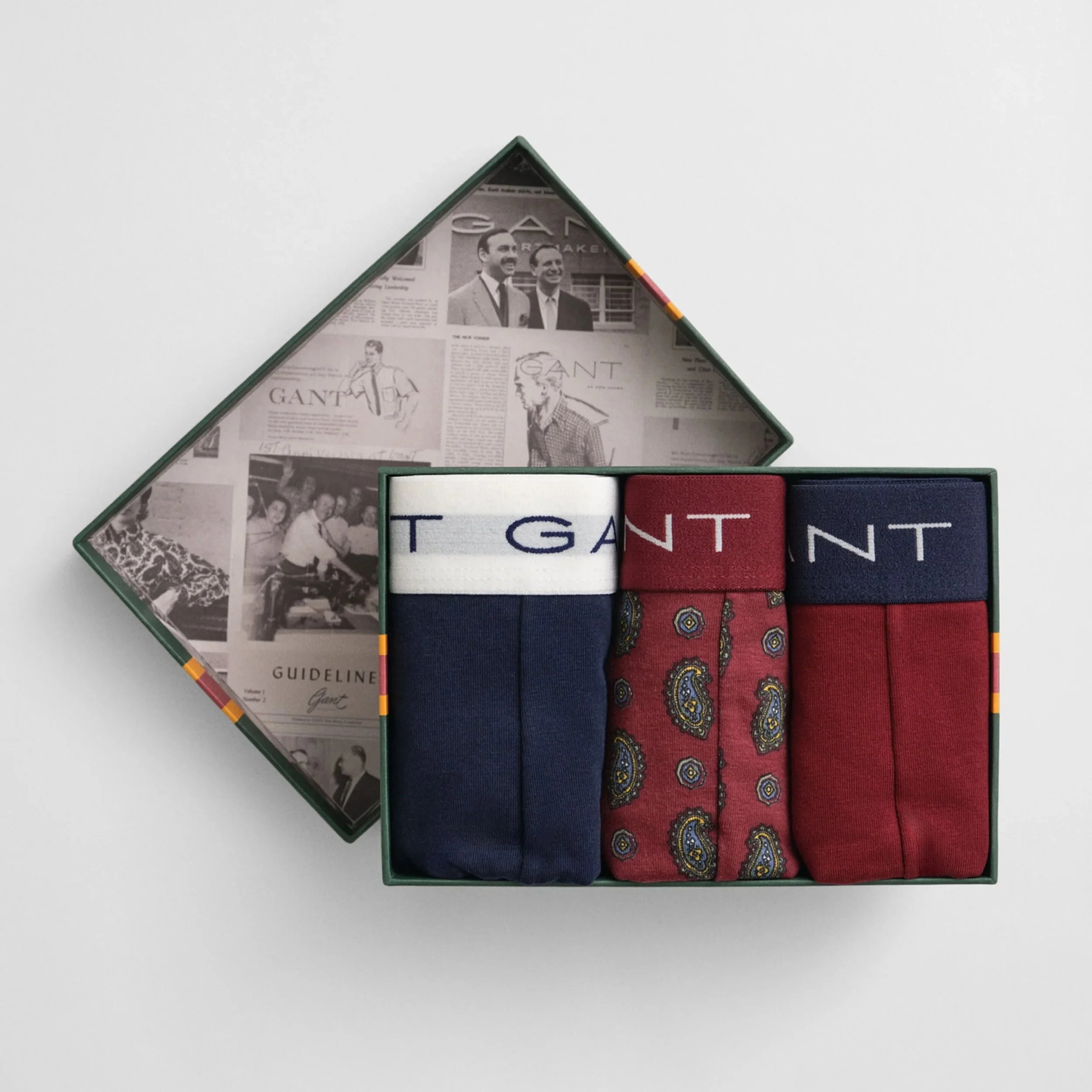 Open Box View of GANT Paisley Trunks Set in Burgundy