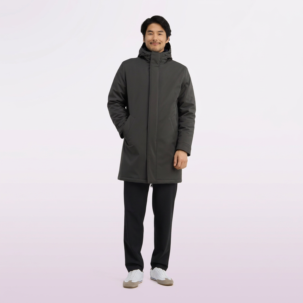 Full View of Model in Eden Park Parka in Olive Green