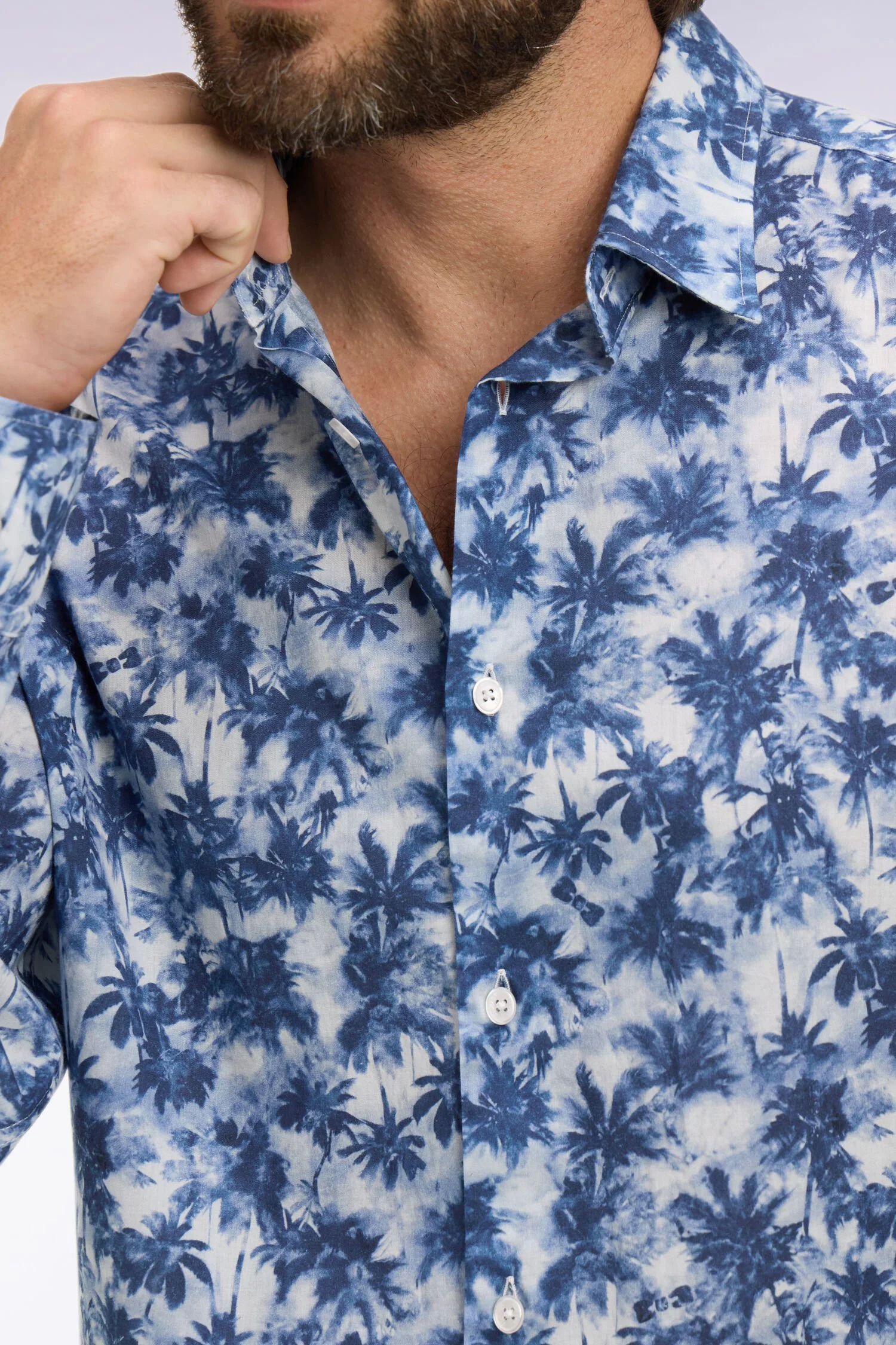 Close View of Eden Park Palm Tree Print Shirt in Denim Blue