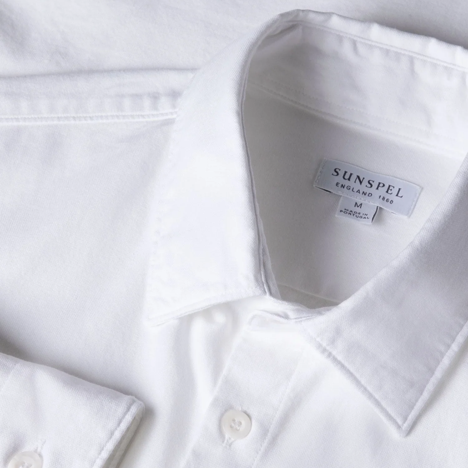 Close View of Sunspel Luxury Cotton Oxford Shirt in White