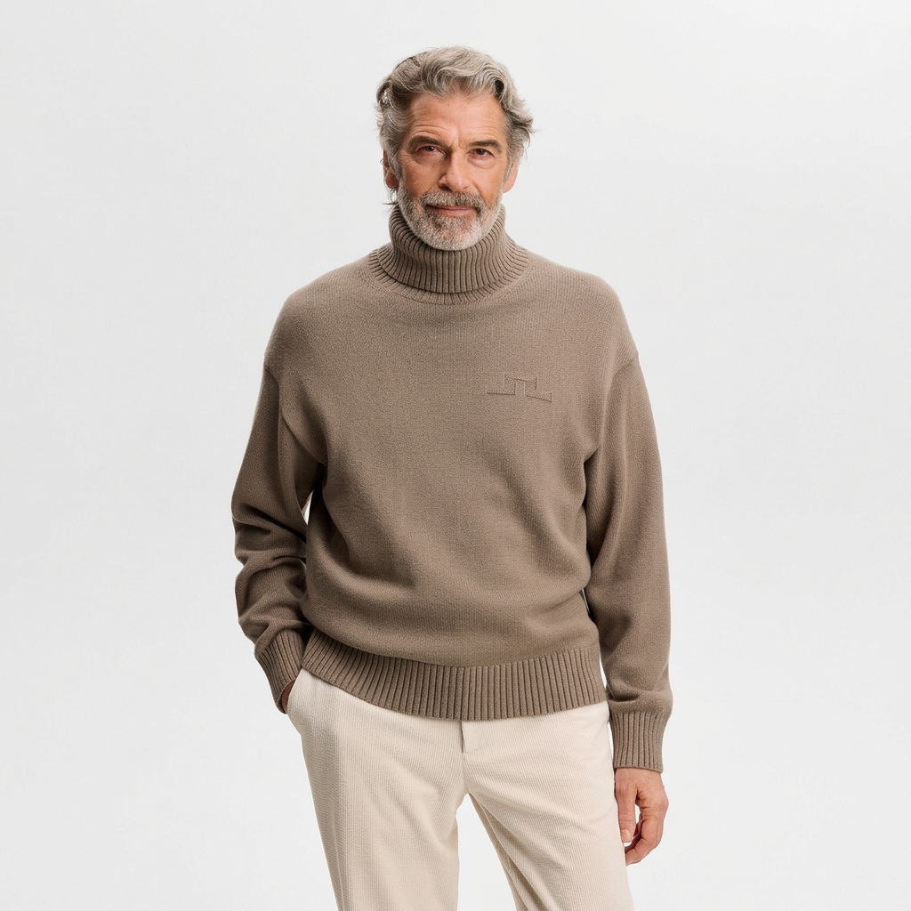 Front View of Model in J Lindeberg Eddy Knitted Roll Neck Jumper in Sand