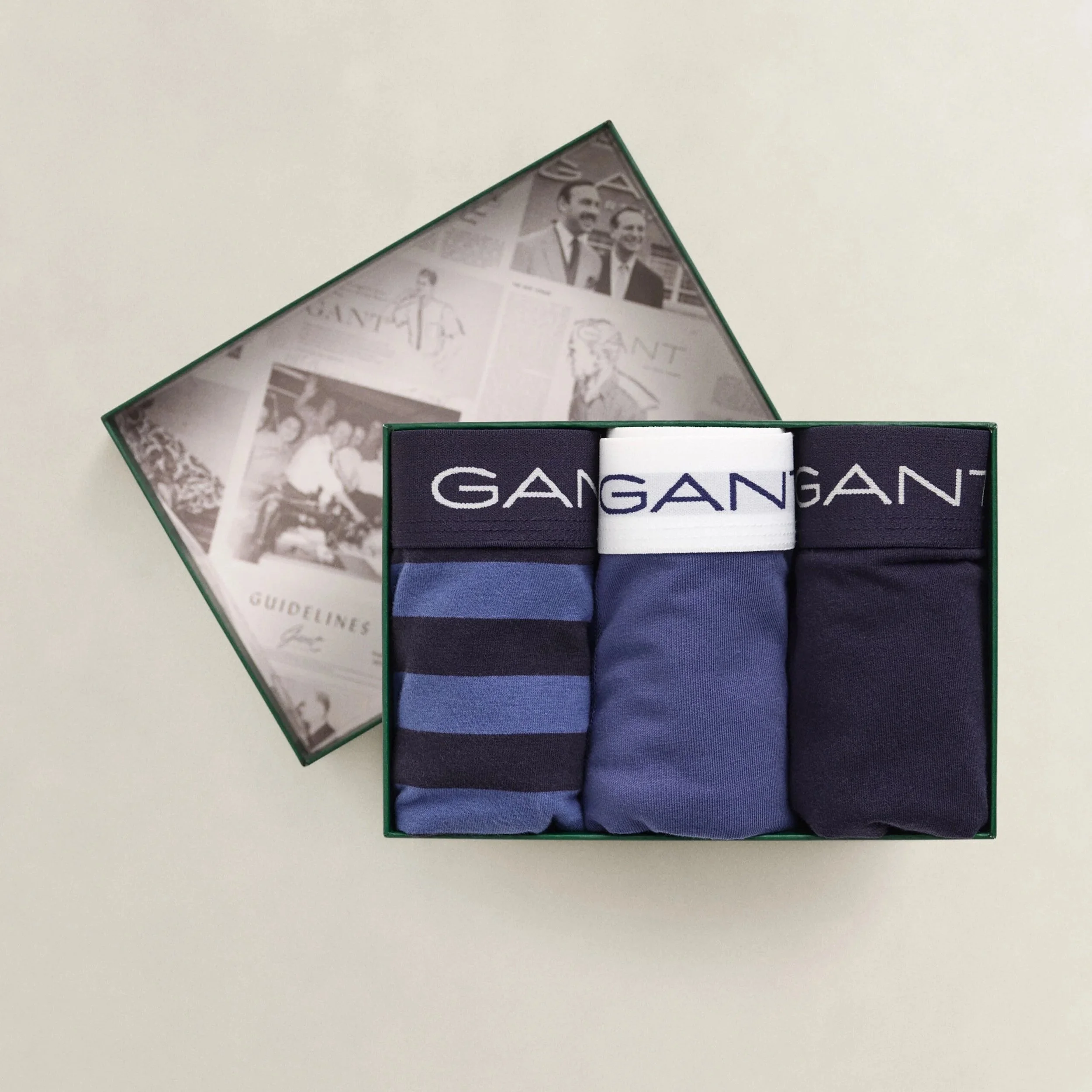 Boxed View of GANT Striped Trunk 3 Pack Gift Box in Vintage Blue and Navy