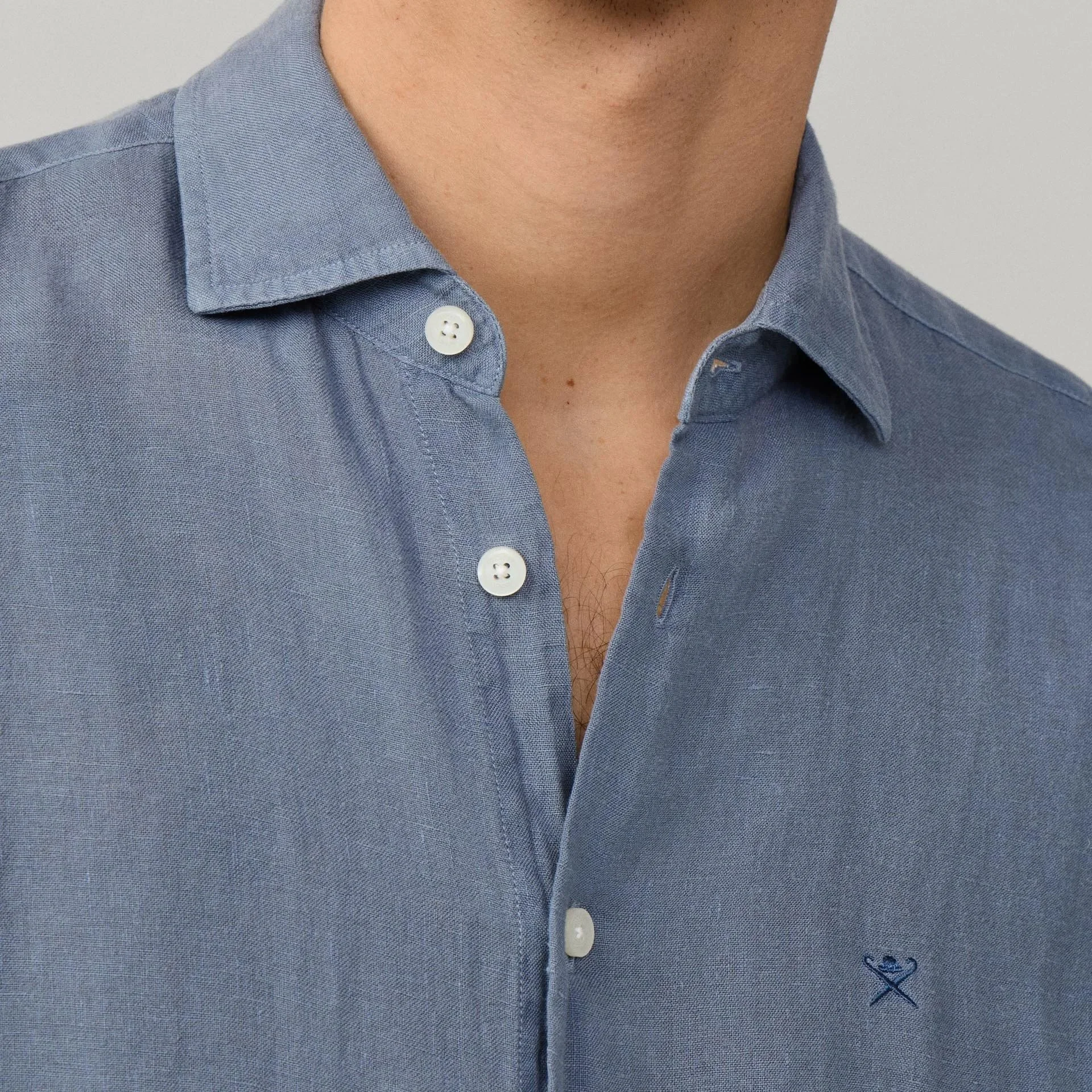 Close View of Hackett Slim Fit Linen Short Sleeve Shirt in Light Blue