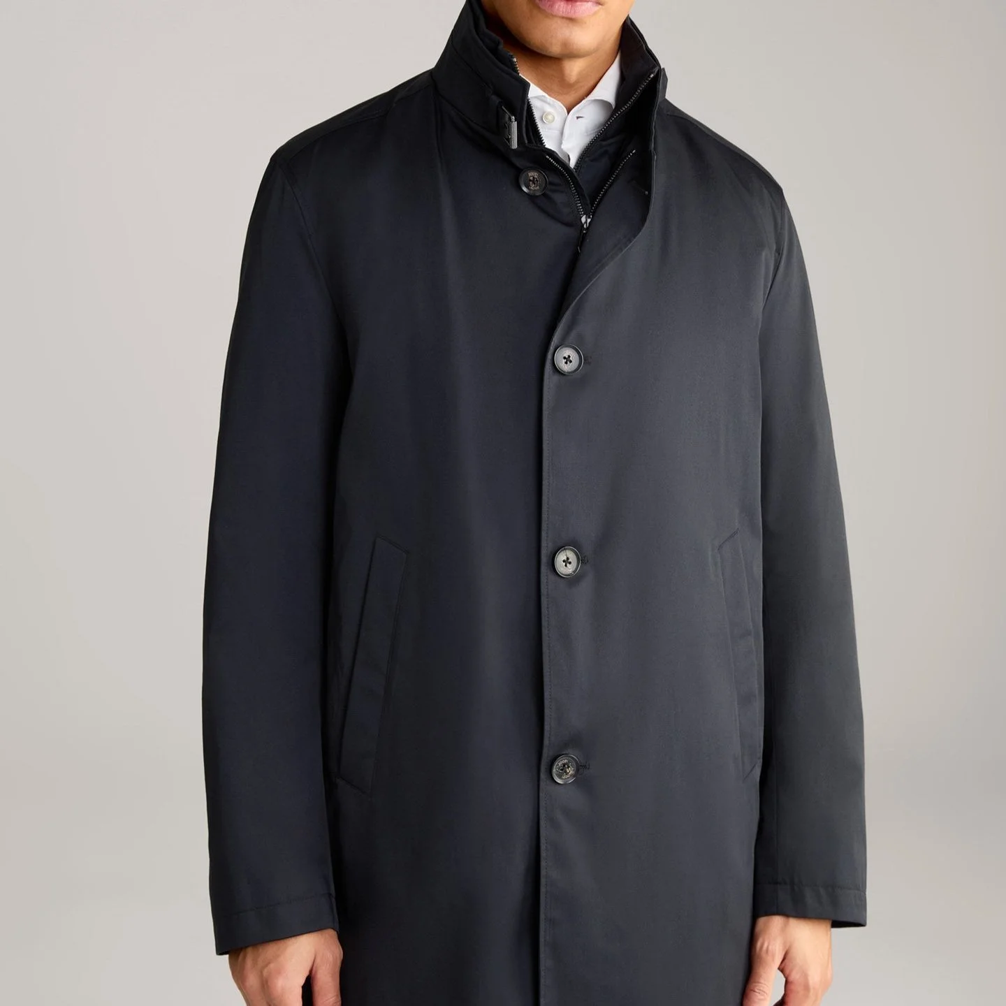 Full View of Model in JOOP Funnel Neck Raincoat in Navy