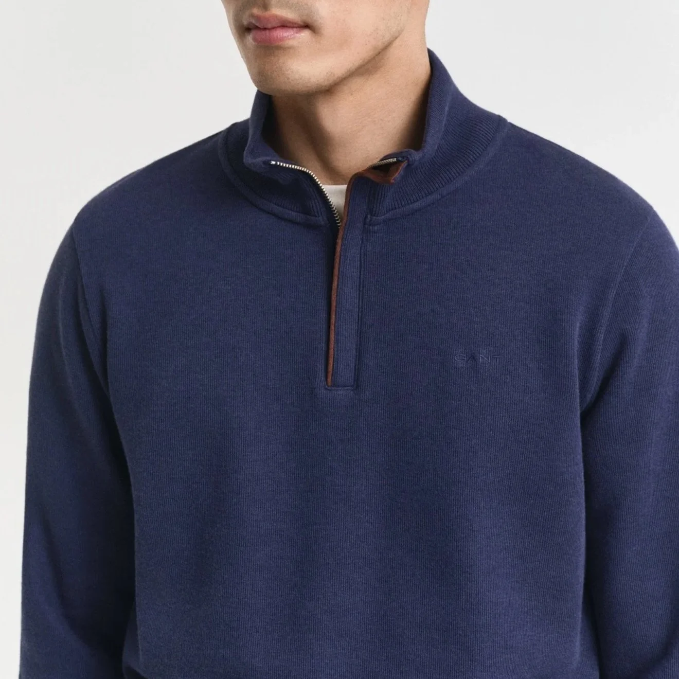 Close Model View of GANT Sacker Rib Half Zip Jumper in Denim Blue