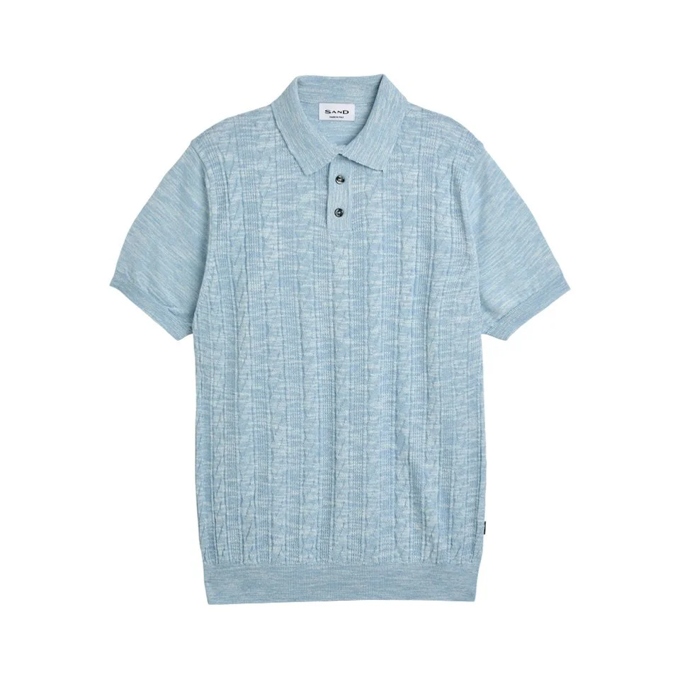 Flat View of SAND Copenhagen Luxury Cable Knit Polo in Light Blue