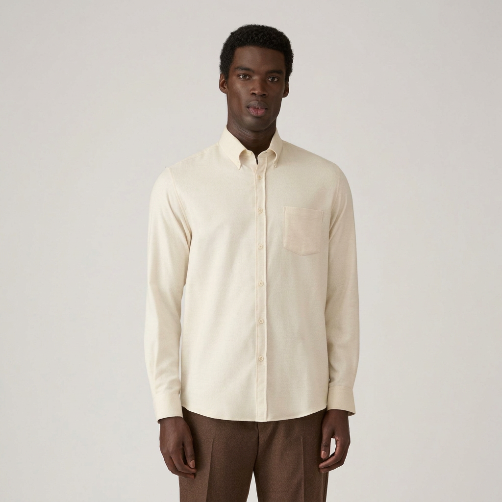 Front View of Model in Sunspel Luxury Brushed Cotton Flannel Shirt in Ecru Melange