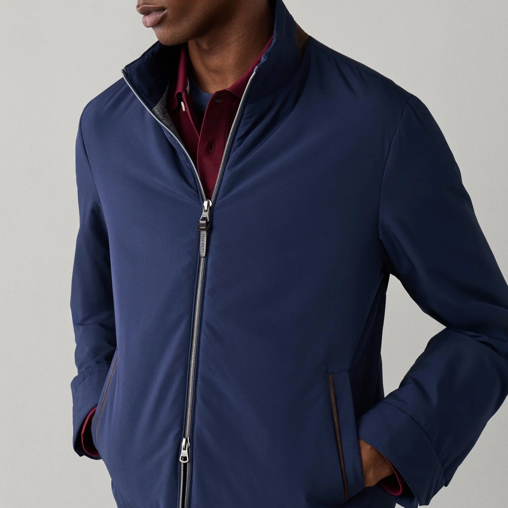 Close View of Model in Hackett Lightweight Blouson Jacket in Navy