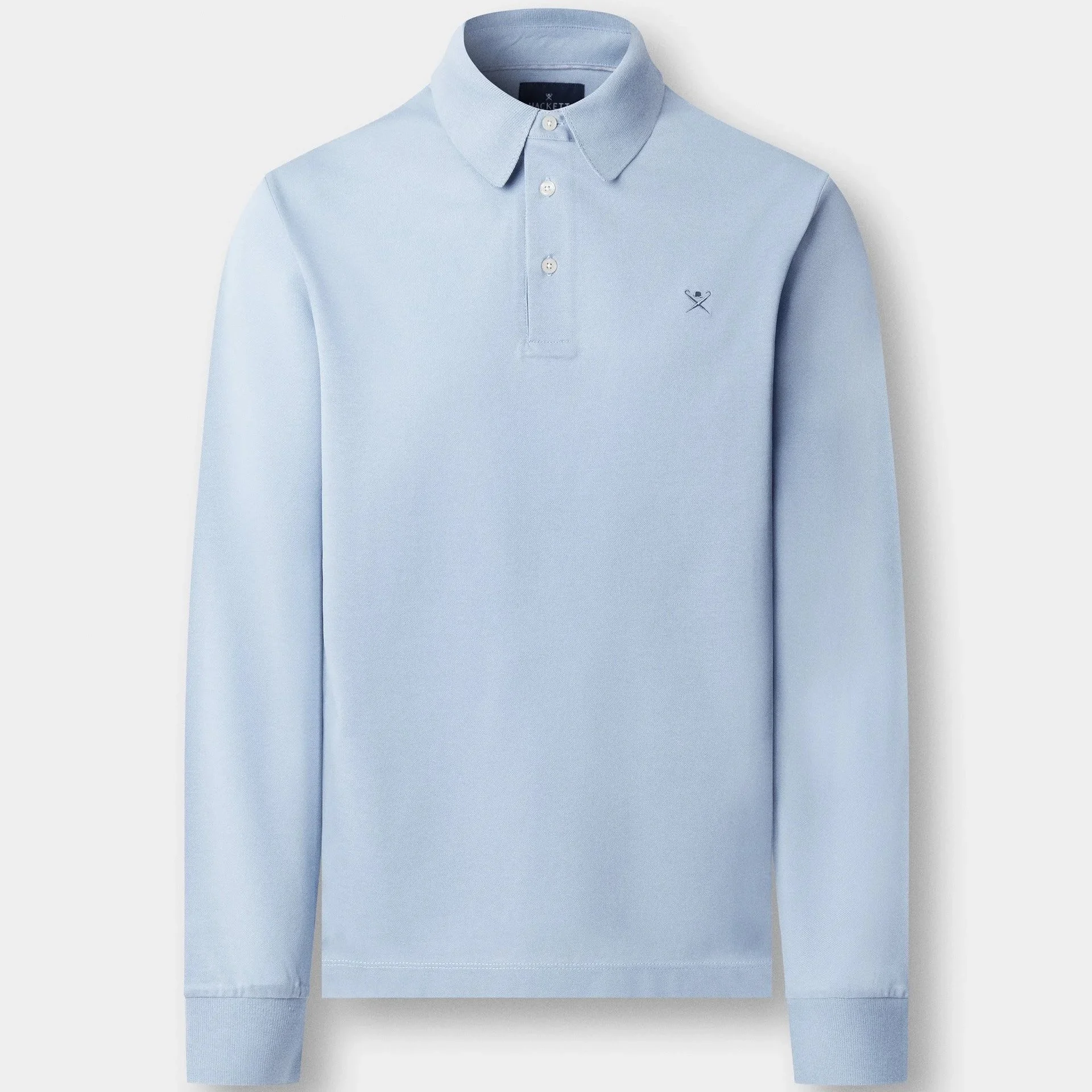 Flat View of Hackett Long Sleeve Cotton Polo in Light Blue