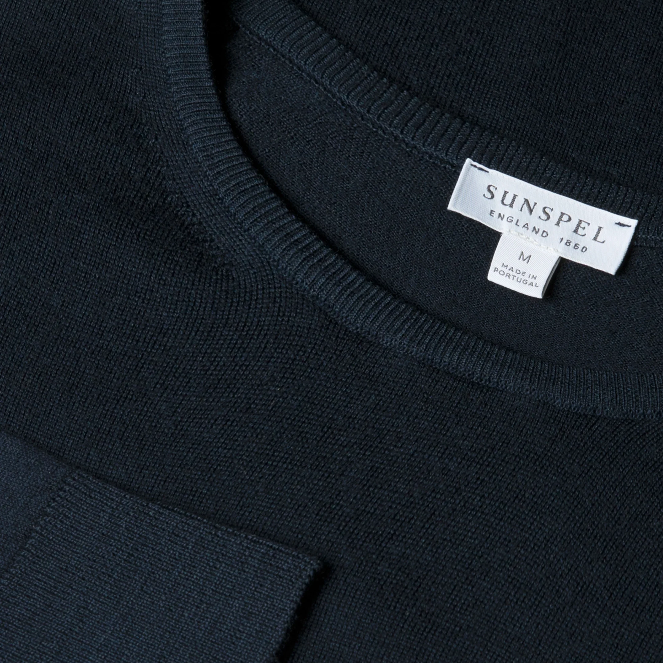 Close View of Sunspel Merino Wool Crew Neck Jumper in Navy