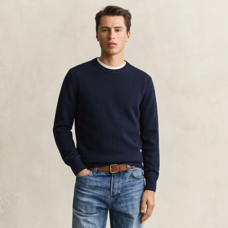 Front View of Model in GANT Wool Blend Neps Crew Neck in Evening Blue