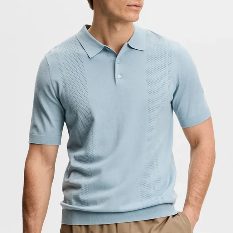 Model View of J Lindeberg Silk Mix Knitted Polo in Soft Blue