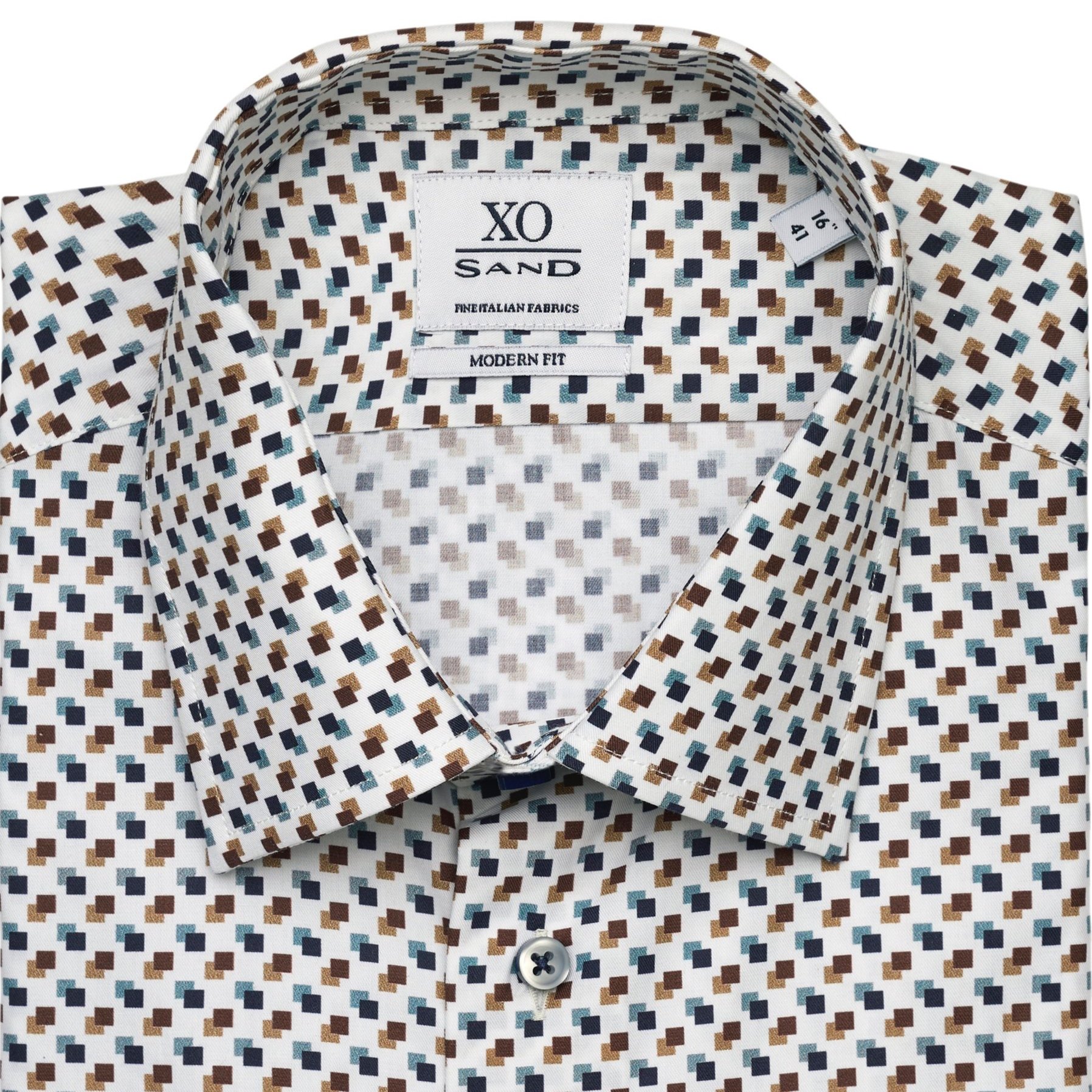 Detail View of SAND Copenhagen Graphic Print Shirt in White Blue and Brown