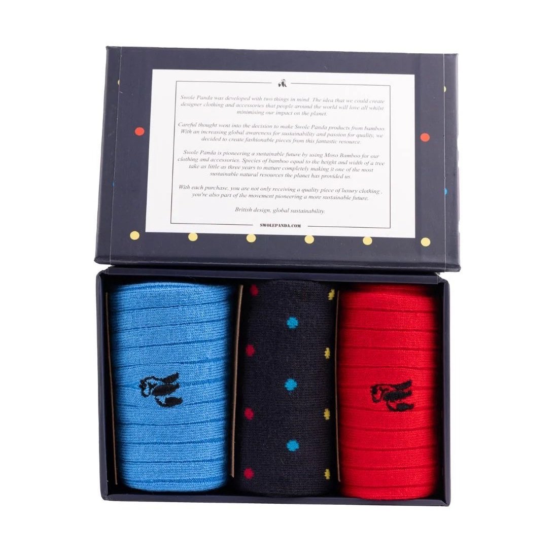 Boxed View of Swole Panda Spot Socks Gift Box 3 Pack