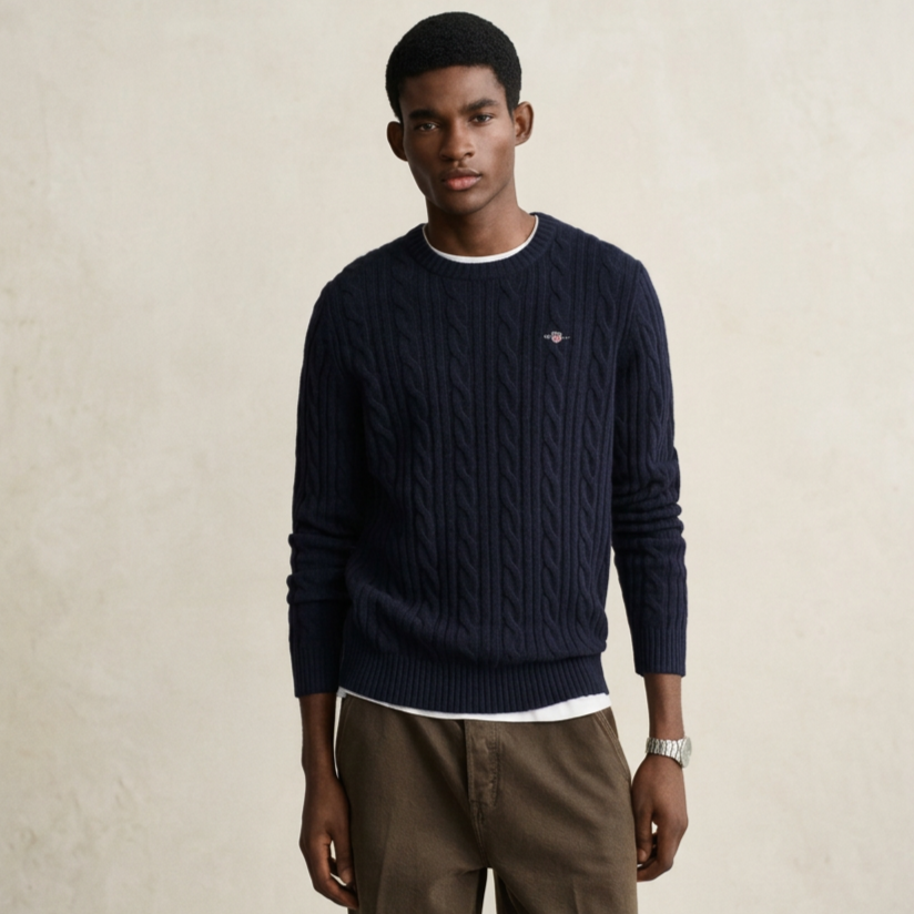 Front View of Model in GANT Lambswool Cable Crew Neck in Evening Blue