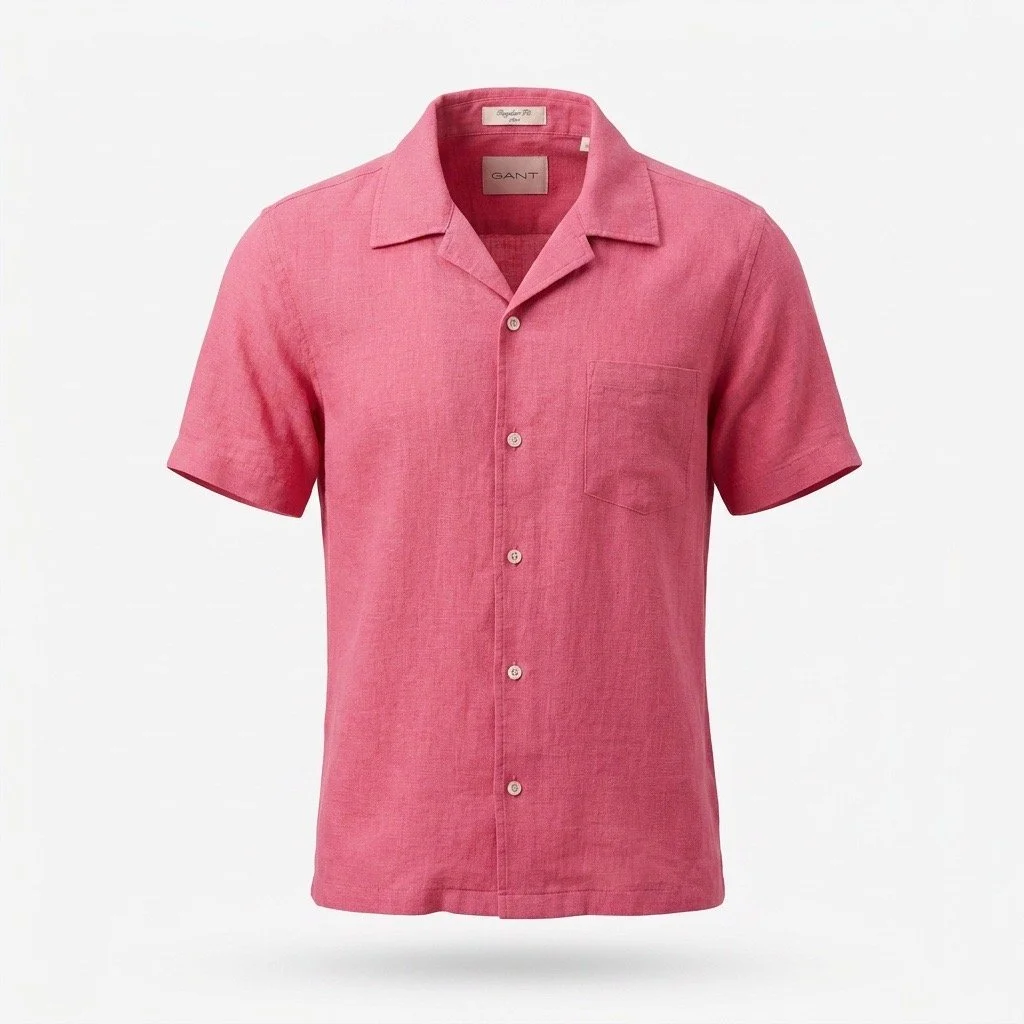 Flat View of GANT Linen Short Sleeve Shirt in Pink