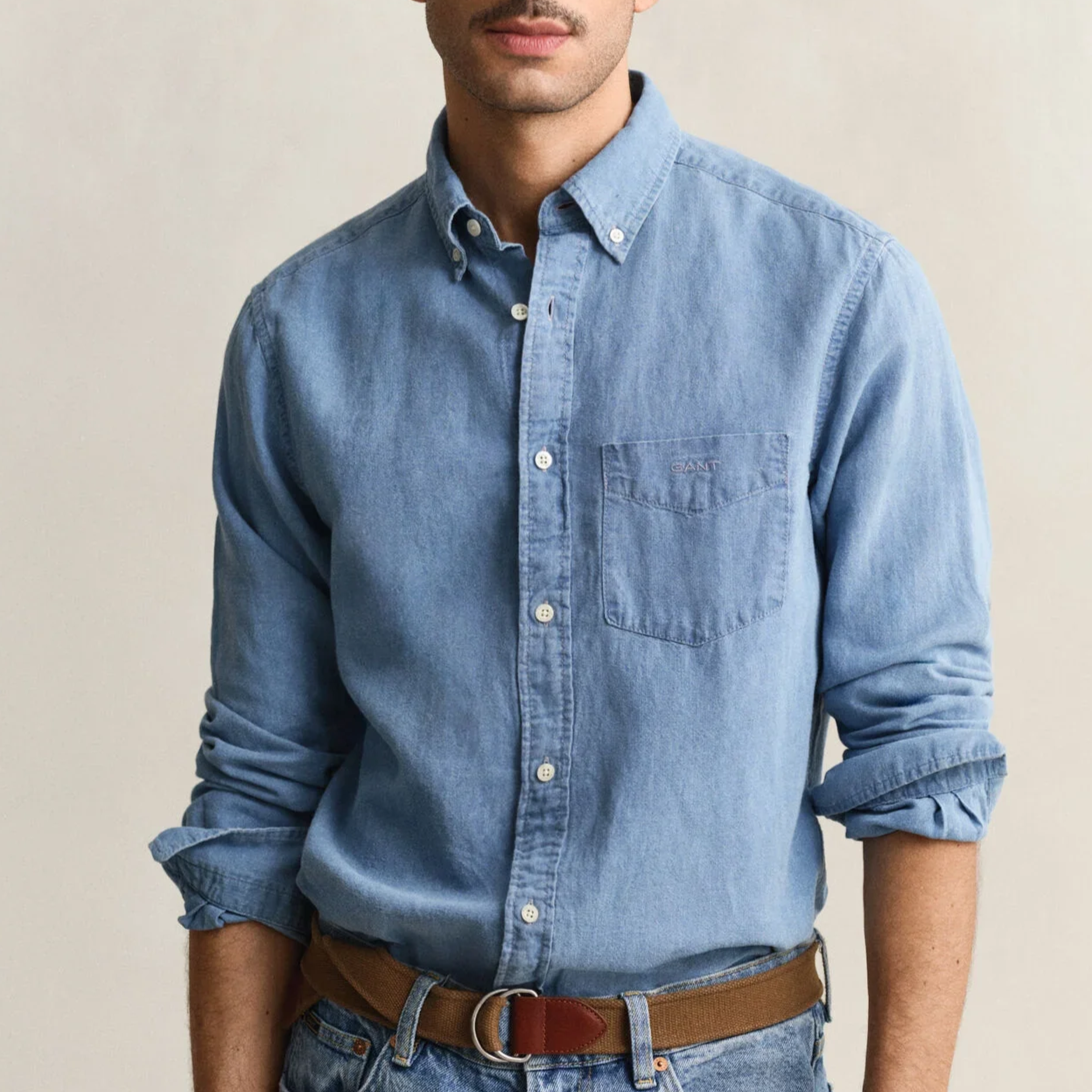 Model View of GANT Cotton and Linen Shirt in Denim Blue