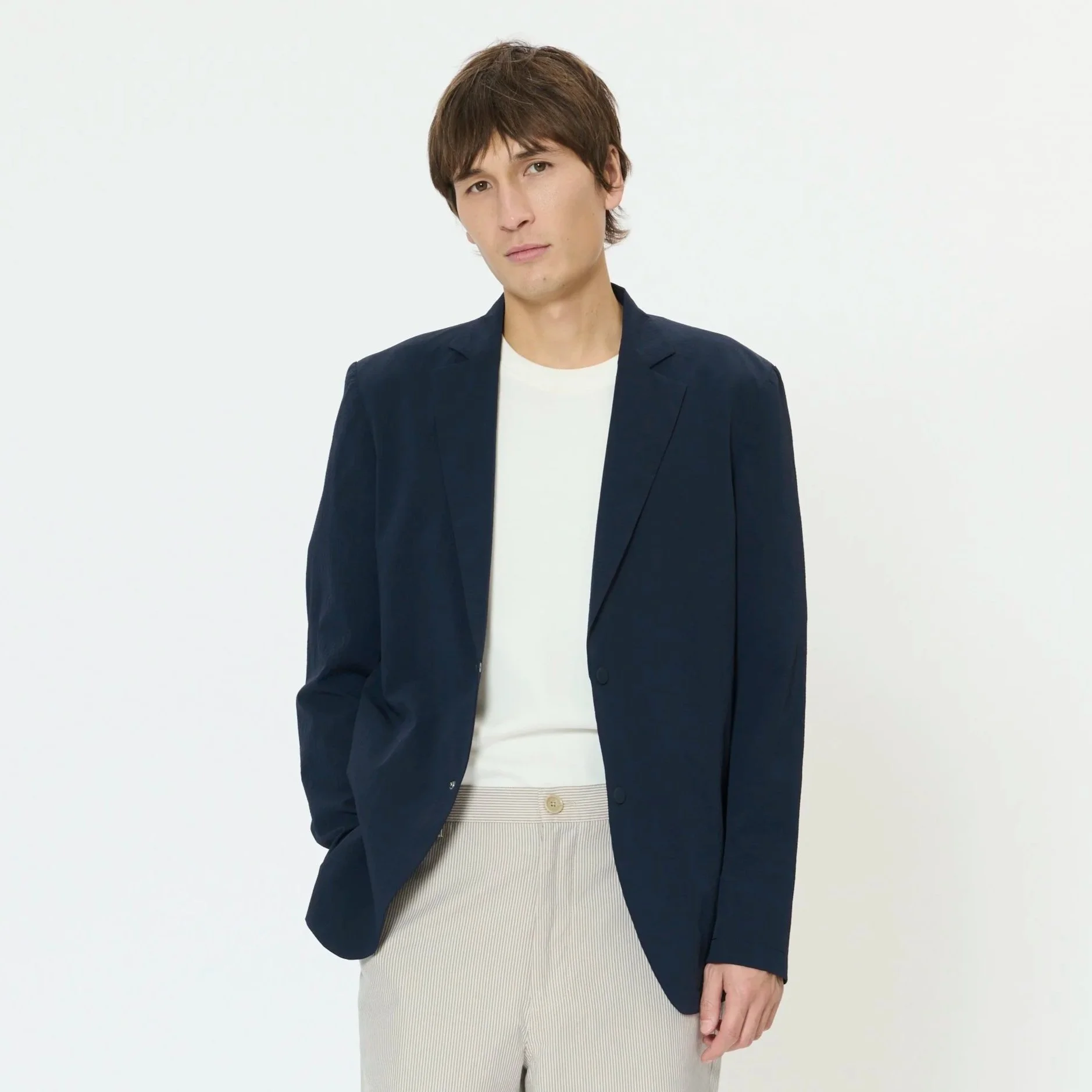 Model View of Matinique Slim Fit Travel Blazer in Navy