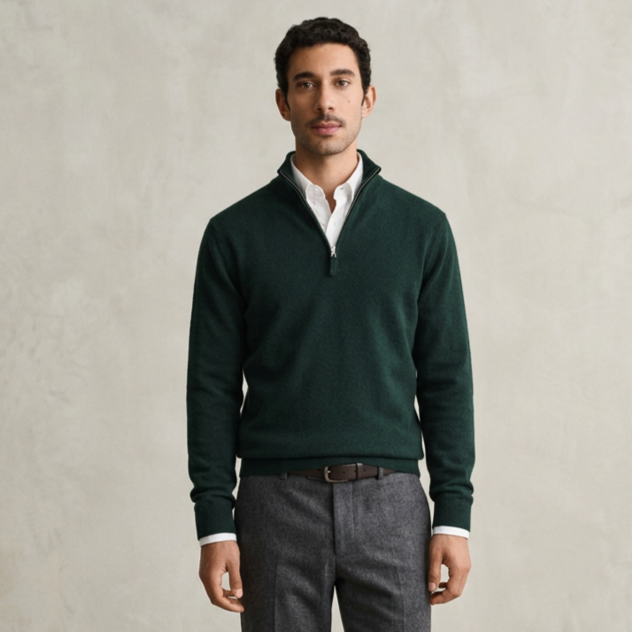 Front View of Model in GANT Superfine Lambswool Half Zip in Dark Moss Green
