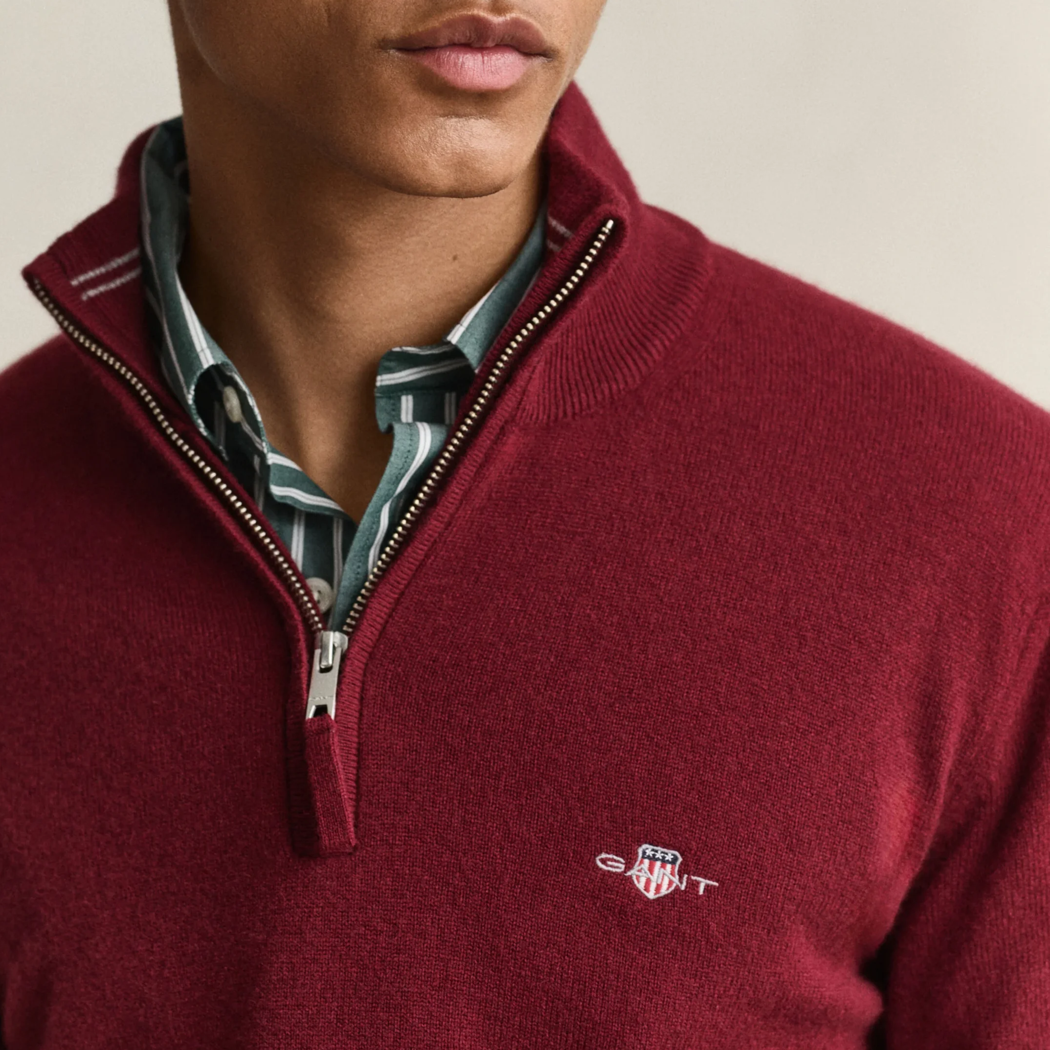 Close View of Model in GANT Superfine Lambswool Half Zip in Plumped Red
