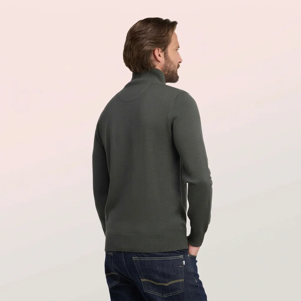 Back View of Model in Eden Park Half Zip Jumper in Olive Green