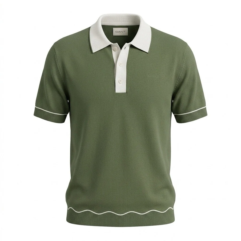 Flat View of GANT Cotton and Modal Knitted Polo Shirt in Green