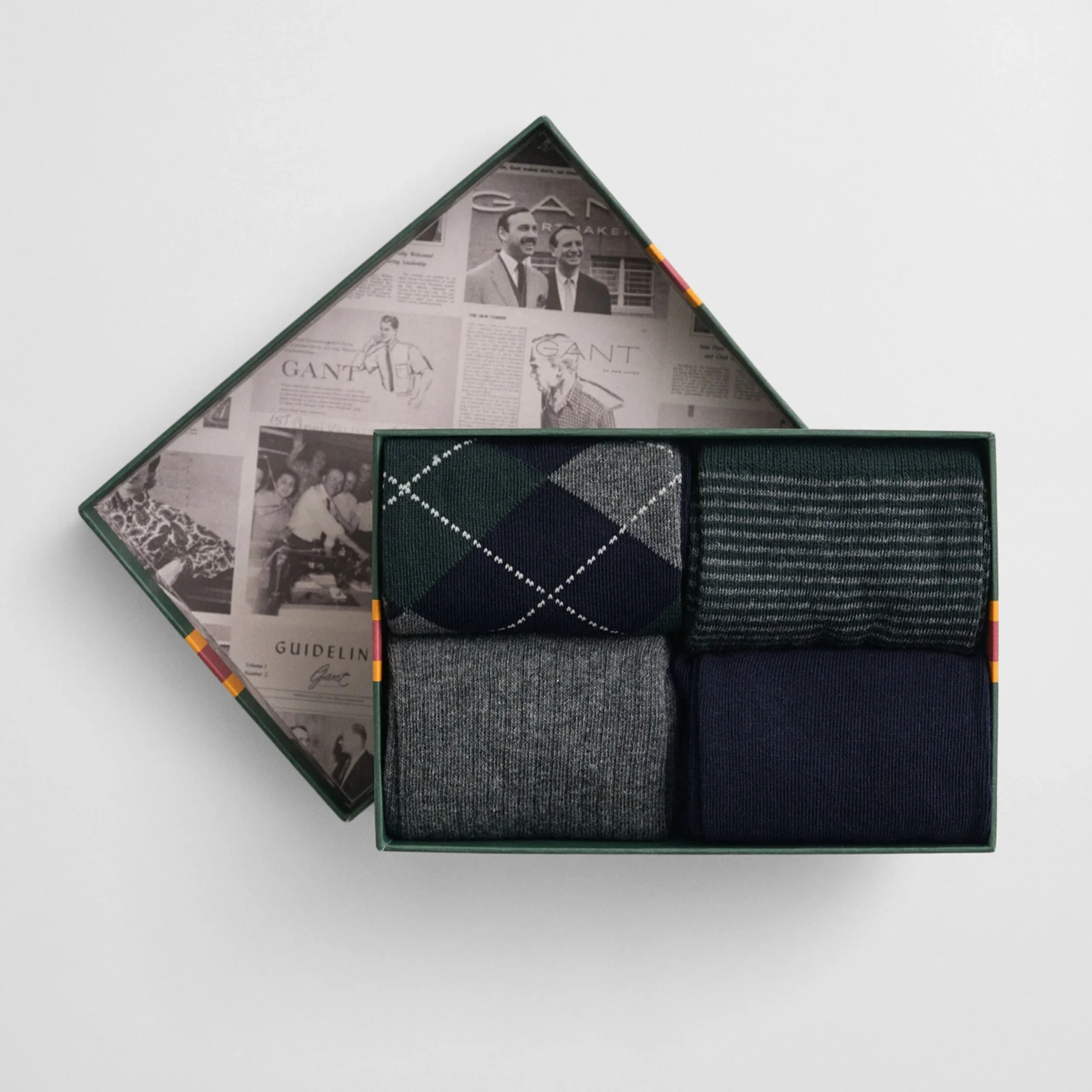 Open Box View of GANT 4 Pack Socks Gift Set in Green and Grey