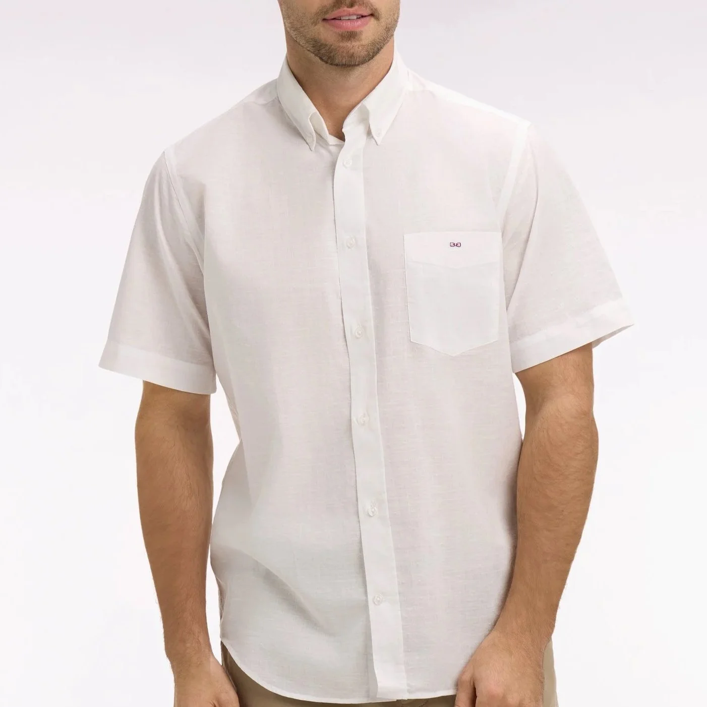 Model View of Eden Park Texture Short Sleeve Shirt in White