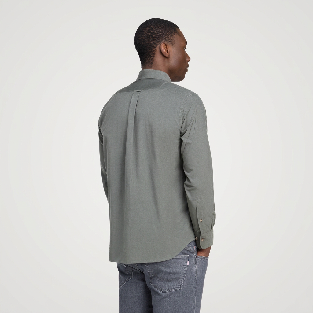 Back View of Model in Eden Park Needle Cord Cotton Shirt in Olive Green