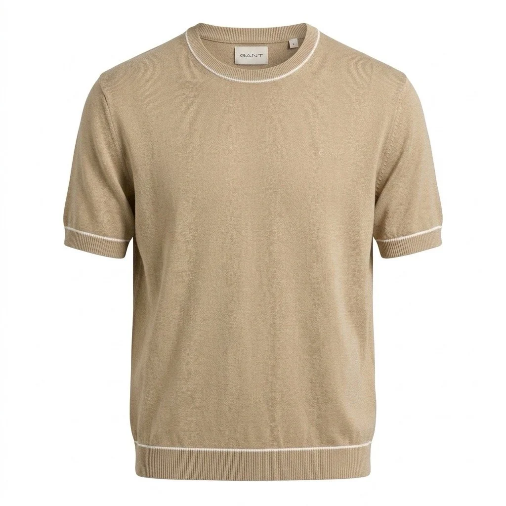 Flat View of GANT Cotton and Modal Knitted T shirt in Sand