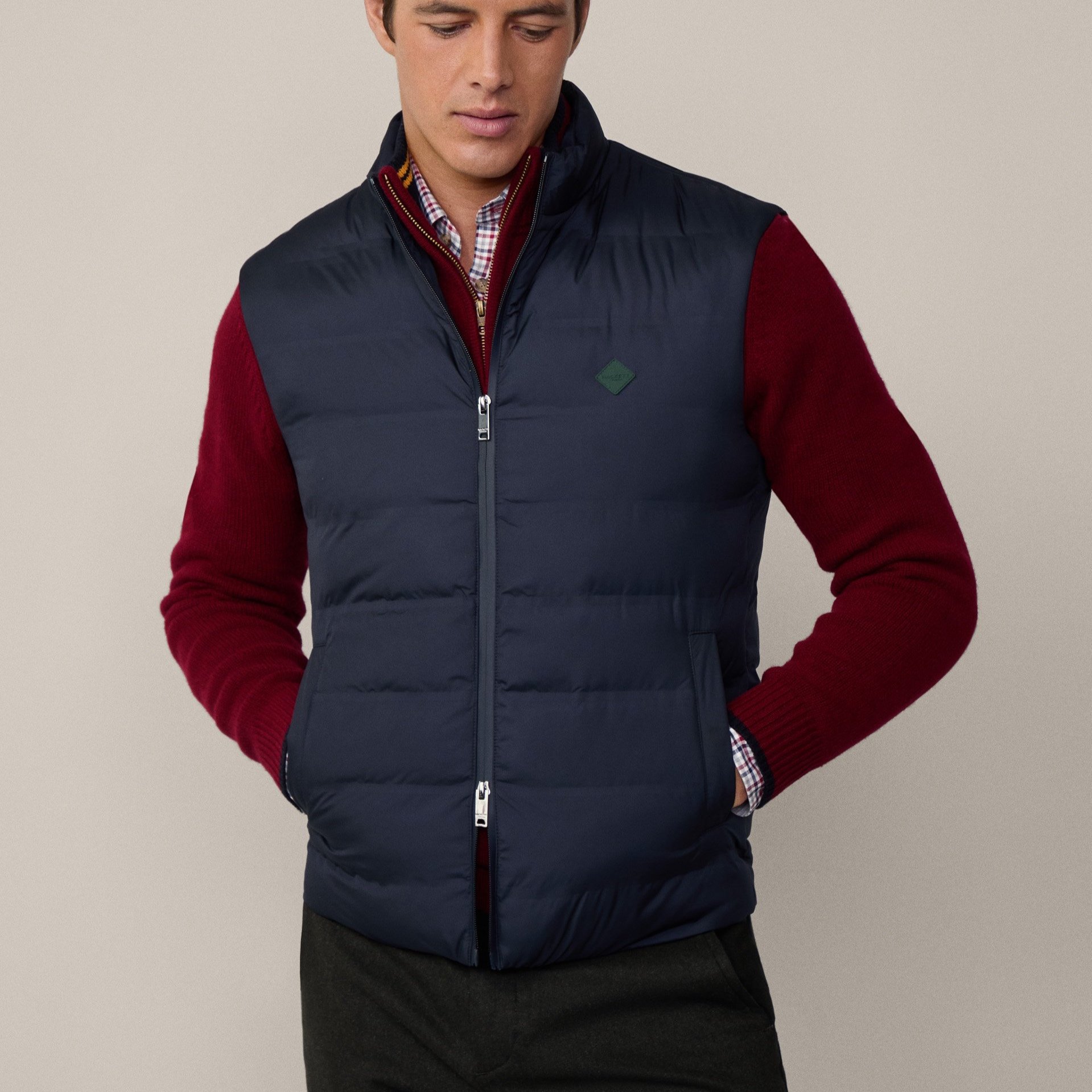 Full View of Model in Hackett Lightweight Gilet in Navy