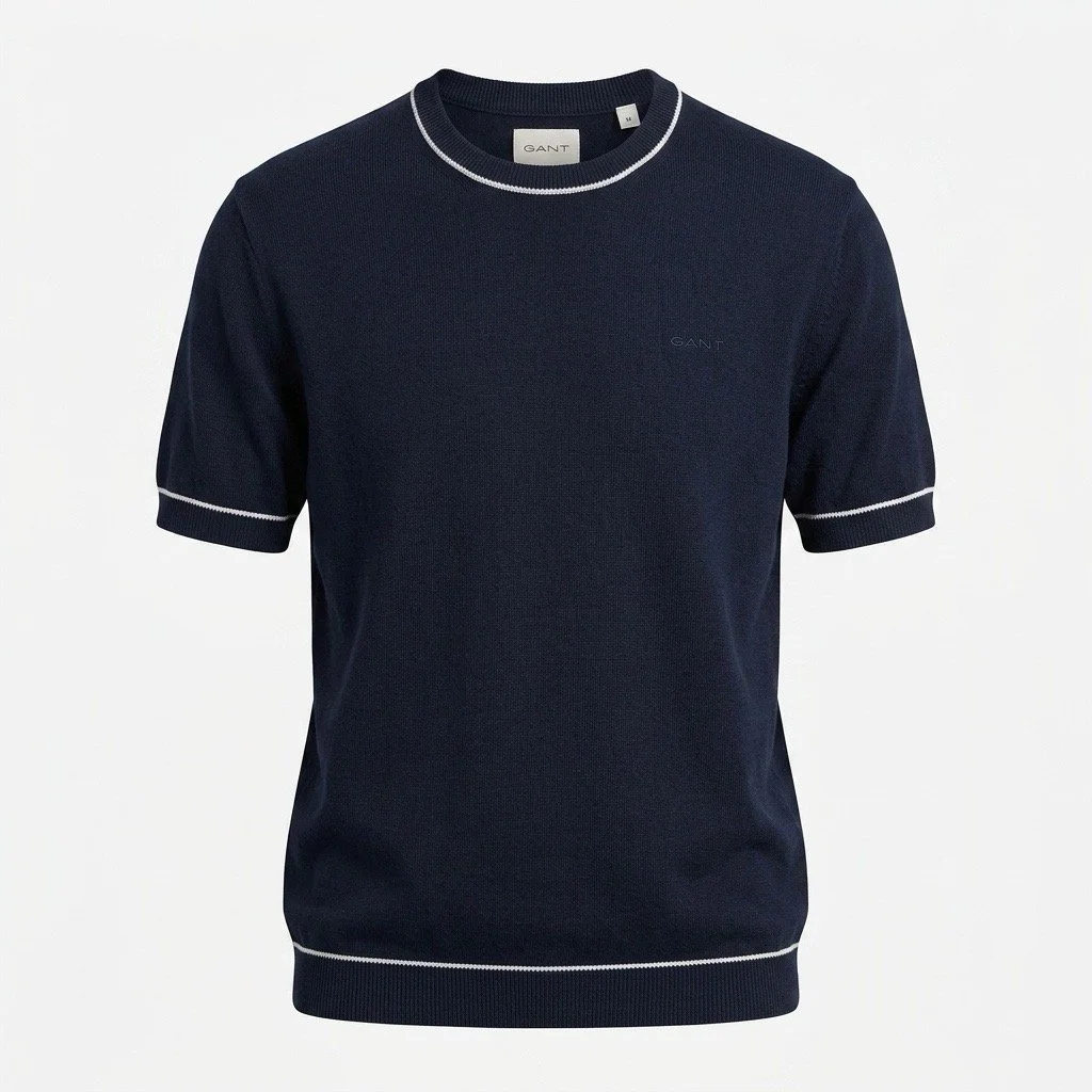 Flat View of GANT Cotton and Modal Knitted T shirt in Navy