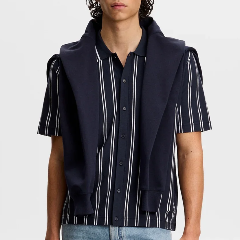 Model View of J Lindeberg Stripe Knitted Short Sleeve Shirt in Navy and White